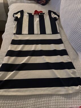Anthropologie Navy and White Striped Short Sleeve Dress red tie M
